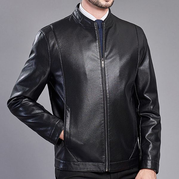 

men clothing slim pu leather jacket middle-aged leather men's autumn and winter new stand collar single casual jacket, Black