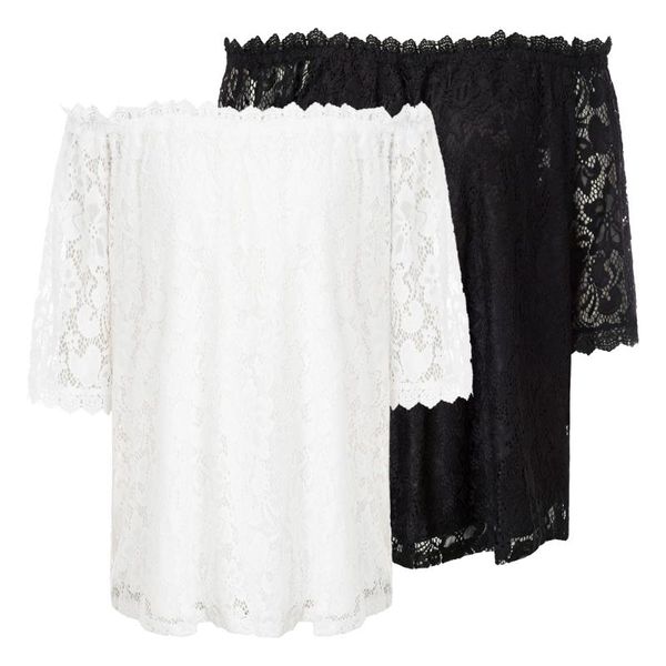 

kate kasin off the shoulder lace tops 3/4 sleeve loose fit кружевные блузки твердые белые / черные женские топы и блузки рубашка топ, White