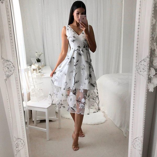 

women clothing womens dress mesh print midi dress floral summer sundress women elegant beach party syle wear v neck sleeveless girl dress, Black;gray