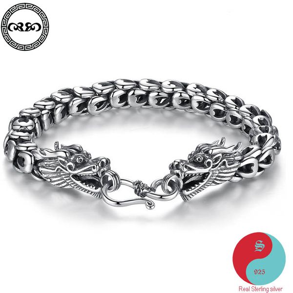 

hip hop ethnic real pure 925 sterling silver bracelet men retro double head dragons bracelet chinese luck fine jewelry, Golden;silver