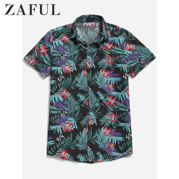 

zaful hawaii tropical plant floral print beach casual shirt men's short sleeve new vacation style ditsy leaf print holiday shirt, White;black