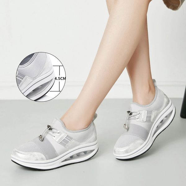 

women platform shoes height increasing 4.5cm wedge sneakers mesh toning shoes lady slip on comfort silver jumping shoes