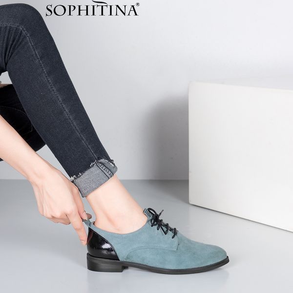 

sophitina quality handmade flats genuine leather round toe lace-up casual oxford women shoes soft low heels office lady flat p61, Black