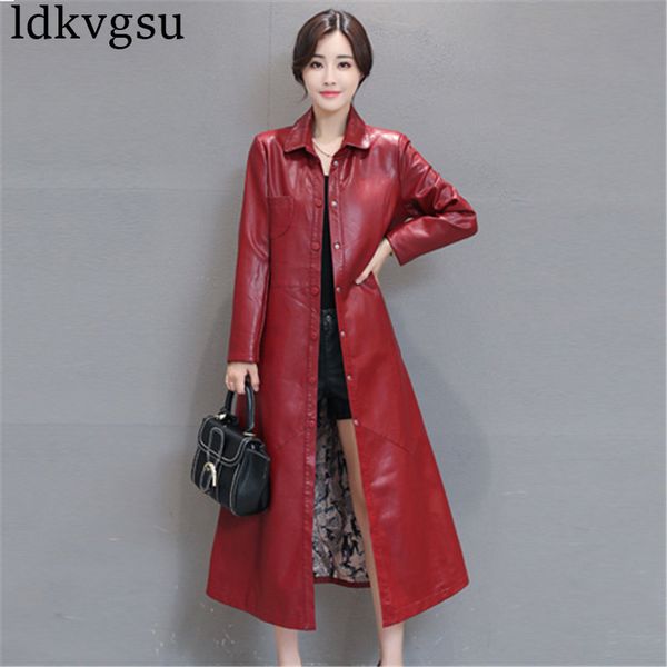 

2018 fashion x-long single breasted autumn leather jacket women winter plus size faux leather coat female windbreaker 5xl v181, Black