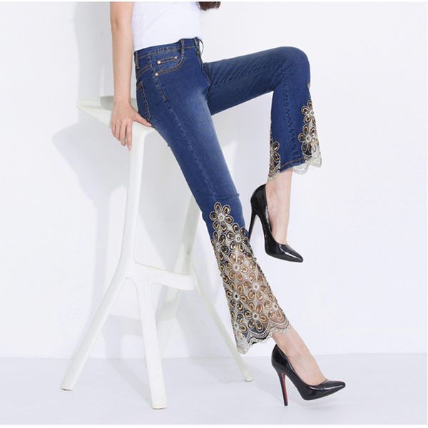 

women jeans light blue black spring and summer thin stretch lace flares embroidered skinny sequined slimming mujer