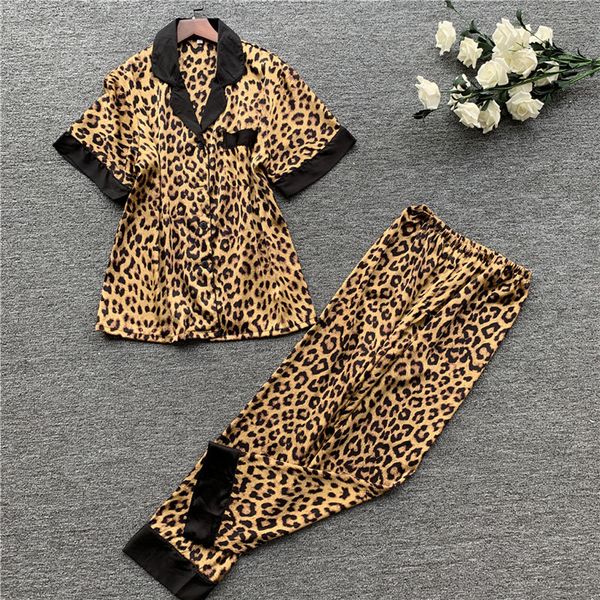 

2019 summer women pajamas sets with pants silk homewear satin leopard print pijama short sleeve long trousers #t1g, Black;red