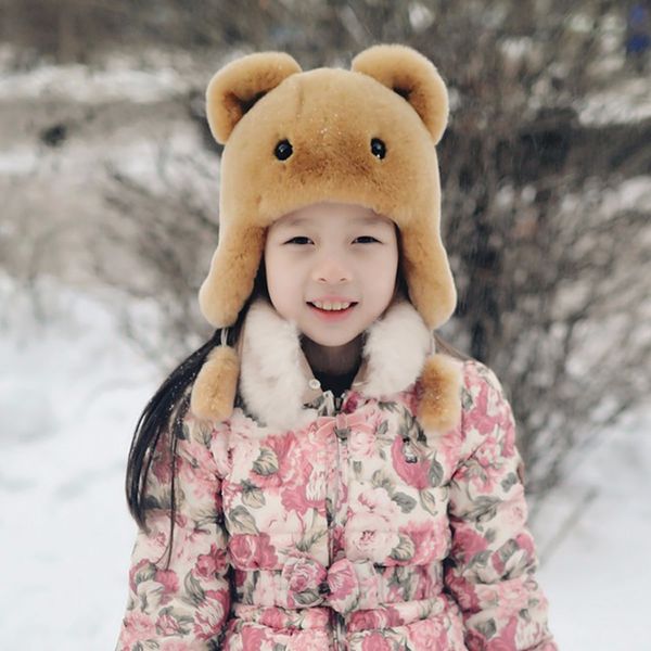 

russia new boys girls real rex fur hat children warm winter fur hat caps bomber hats, Yellow
