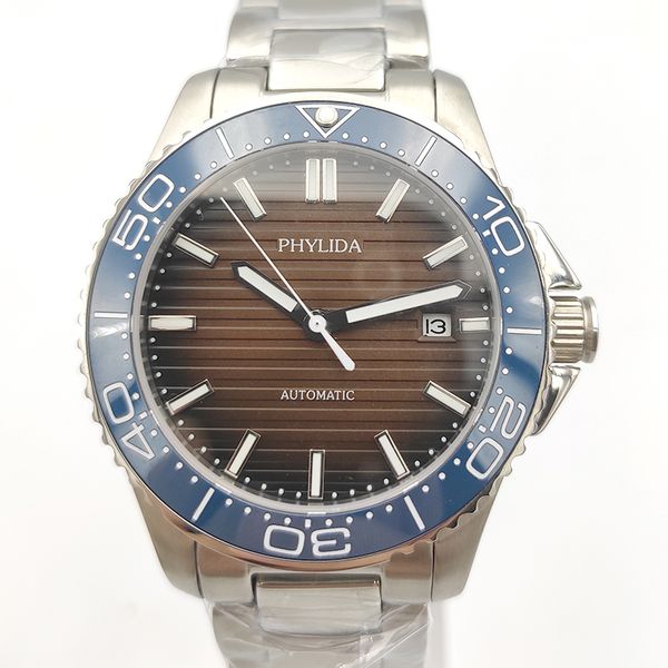 

40mm men's watch brown dial with date automatic movement sport wristwatch sapphire crystal blue ceramic bezel insert, Slivery;brown