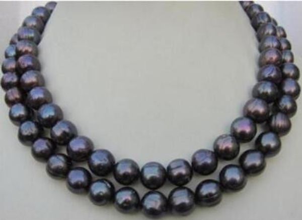 

ll&lt;&lt;&lt; 2 row 11-13mm natural south sea black pearl necklace, Silver