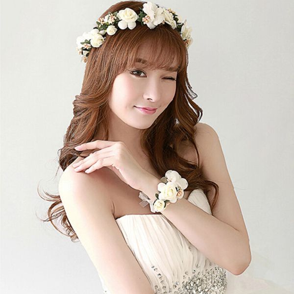 

1set fashion white bride wedding wreath head flowers wrist flower corsage flowergirl headwear party hair accessories