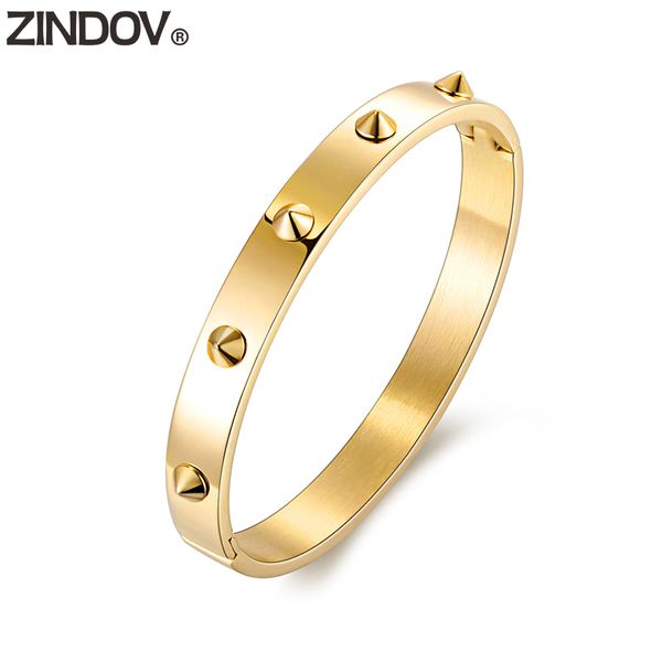 

zindov rivet brand bangle bracelet women gold silver rose gold tone ip plating spikes stainless steel fashion jewelry accessory c19010401, Black