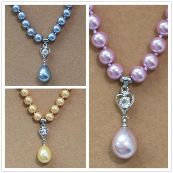 

long 14"-24" 8mm south sea shell pearl round beads drop pendant 12x16mm necklace, Silver