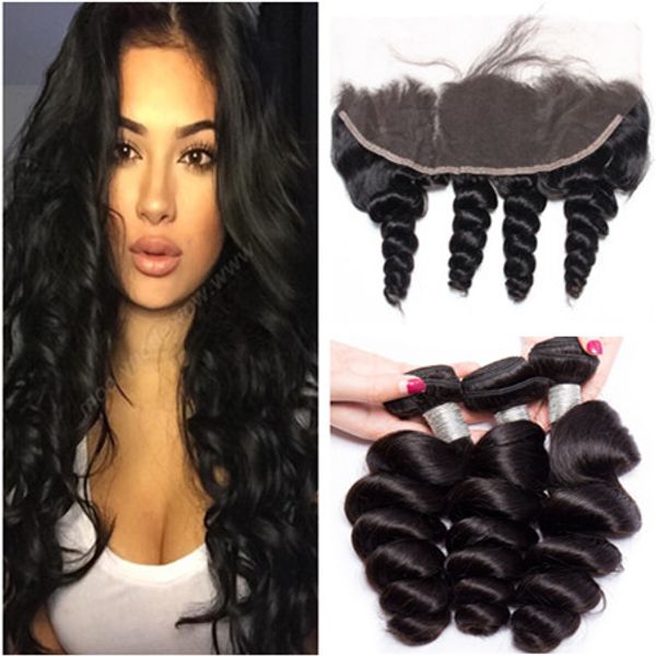 

brazilian loose wave human hair 3bundles with full frontal 4pcs lot loose wavy 13x4 lace frontal closure with weaves wefts, Black;brown