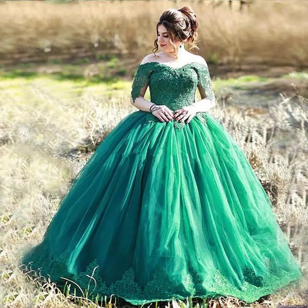 Elegantes dunkelgrünes Ballkleid-Quinceanera-Kleid, schulterfrei, Spitzenapplikationen, Tüll, bodenlang, Plus-Size-Abschlussball-Quinceanera-Kleid