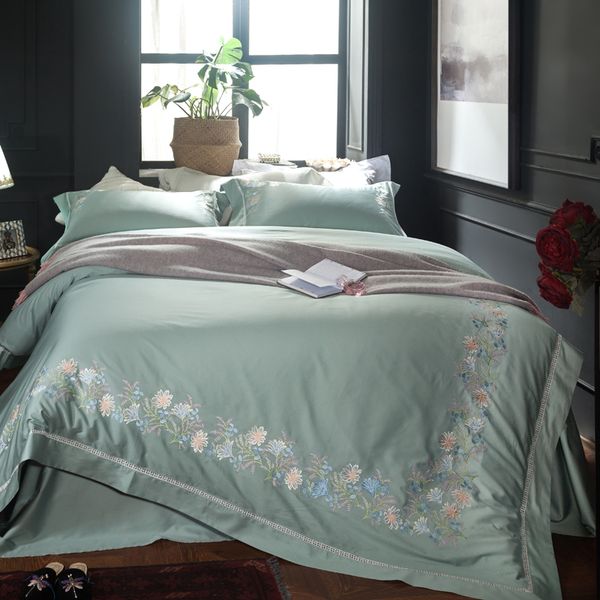 Egyptian Cotton Soft Bed Sheet Set Blue Green Queen King Size