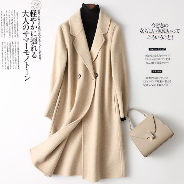 

autumn and winter double-sided pure cashmere coat women jacket long slim wool new pure color cardigan, Black