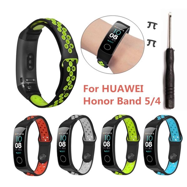 

two-color silicone breathable sport wrist strap watch band for huawei honor band 5/4 smart watch bracelet accessories, Black;brown