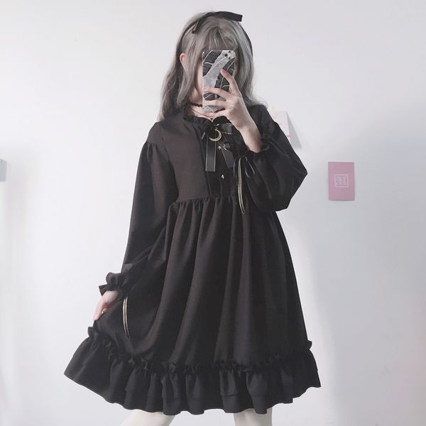 

woman dresses womens clothes women black autumn ruffles dress lantern sleeve students dress sweet kawaii cute bow girl chiffon dress, Black;gray