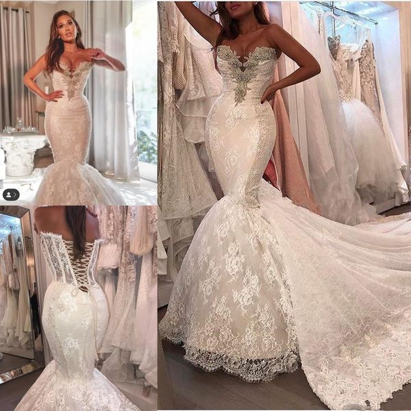 

crystal sweetheart mermaid wedding dresses 2020 full lace applique sweep train summer beach garden dancing bride wedding gown, White