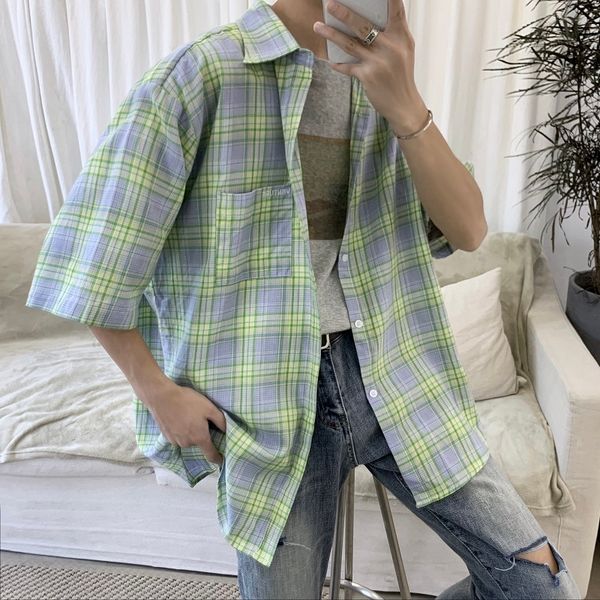 

2019 новый удобный высокое качество супер огонь летний порт ветер свободная версия мужская плед с коротким рукавом личность хлопок рубашка, White;black