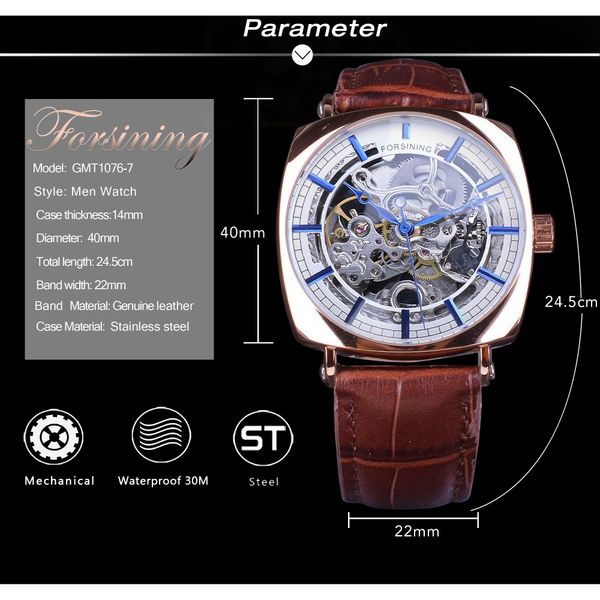 Forsining Brown Watch echte Leder -Fashion Classic Design Herren Watch Top Marke Luxury Blue Hands Royal Automatic Mechanical Wat183K