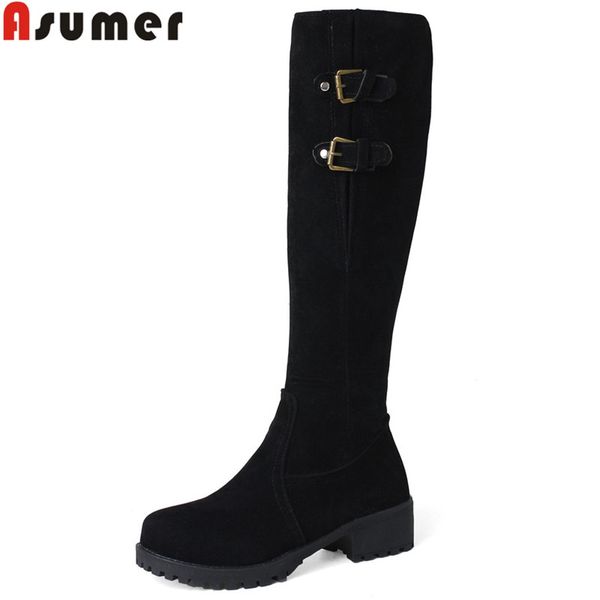 

asumer black fashion 2020 new autumn winter boots round toe knee high boots square heel flock med heels women big size