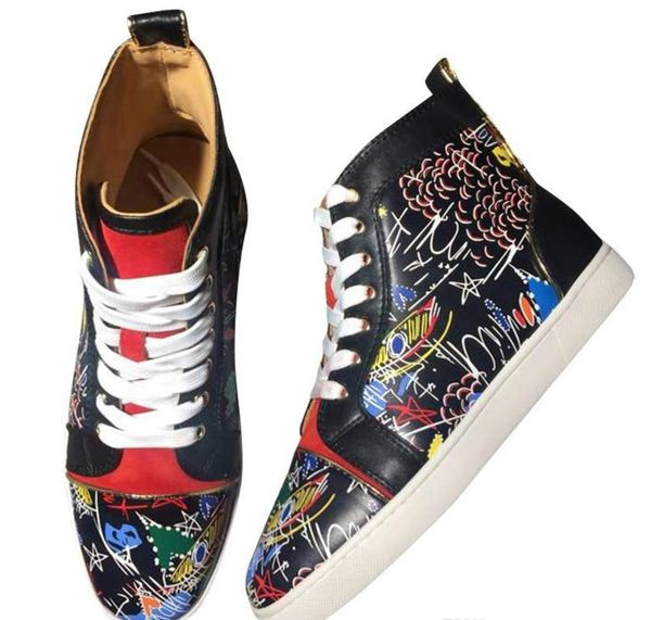 

red bottom fashion designer shoes high cut spike sedue calf sneaker luxury party wedding shoes genuine casual shoes, Black
