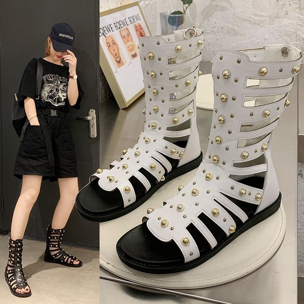 

gladiator sandals rivets narrow band sandal mid-calf botas mujer 2020 summer shoes ladies roma sandalias mujer black white 8158c