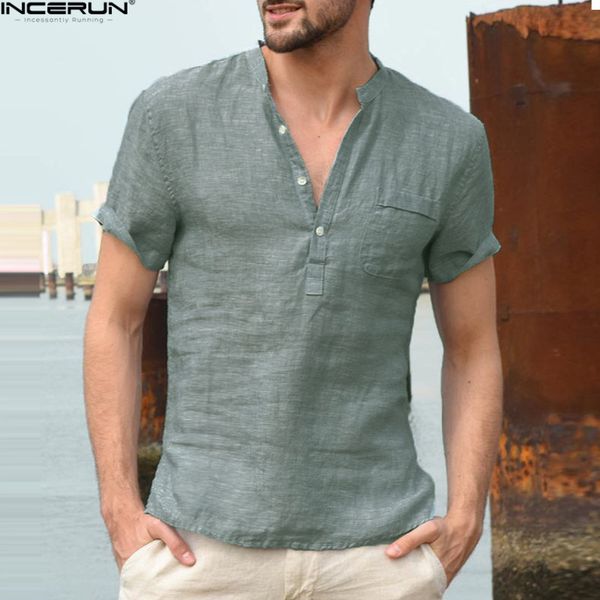 

omfortable casual men shirts short sleeve henley collar v neck basic color button loose fit 3xl camisa masculina summer, White;black