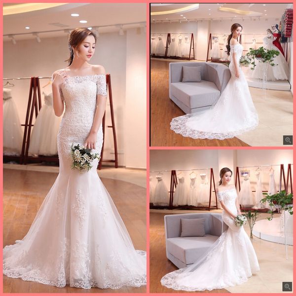 

robe de mariage mermaid white lace appliques wedding dress off the shoulder short sleeve beaded wedding gowns 2019