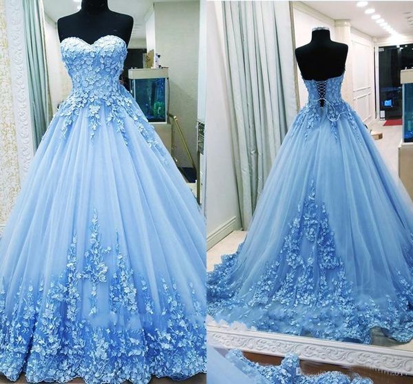 

2018 Ball Gown Prom Dresses Sweetheart Appliques Tulle Backless Bandage Light Blue Evening Gowns Quinceanera Dresses Sweet 16 Dresses