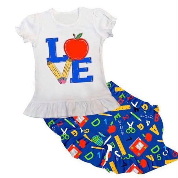 

back to school blue pattern white ruffle shirt matching short girl clothing set