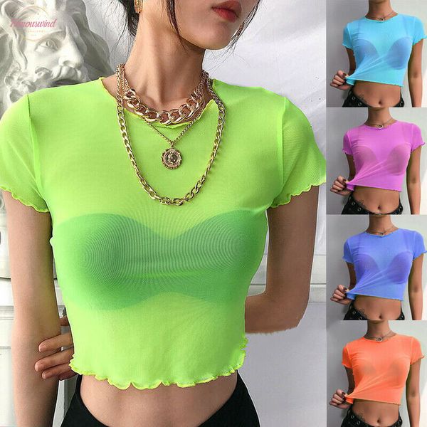 

2020 new women solid shiny transparent mesh slim cropped summer casual short sleeve sheer ladies o neck short t shirts, White