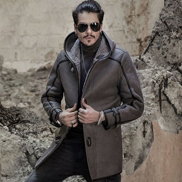 

genuine leather jacket men real leather coat retro vintage shearling sheepskin fur coats mid long with hood mens jacket, Black