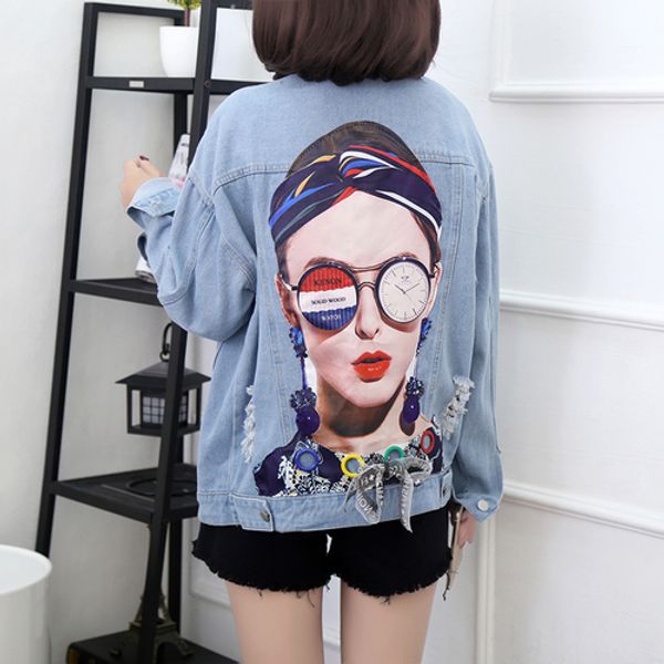 

embroidered denim jackets female 2019 autumn new outerwears loose long sleeve women jacket fashion patch hole jean coat top, Black;brown