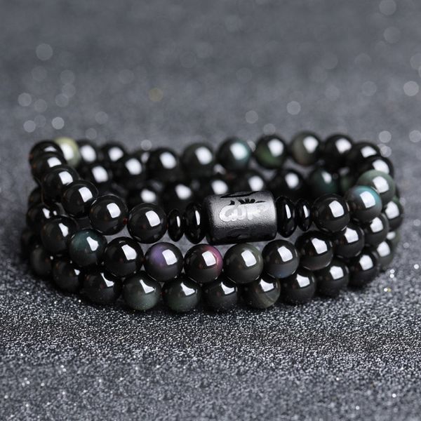 

natural rainbow obsidian beaded bracelet for couples dragon and om mantra engraved ice obsidian stone braceletes masculinos, Golden;silver