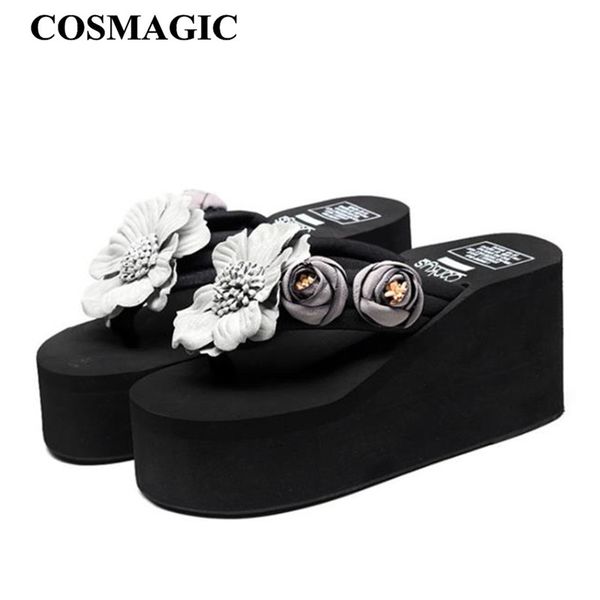 

cosmagic fashion flower flip flops wedge slipper 2019 new women summer casual beach platform handmade waterproof high heel slide, Black
