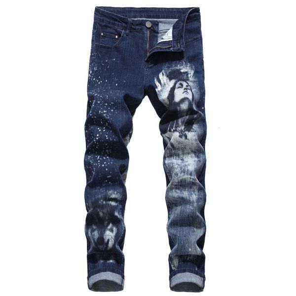 

fashion denim jeans men casual autumn winter slim 3d beauty wolf painted straight jeans cool streetwear male long trousers print, Blue