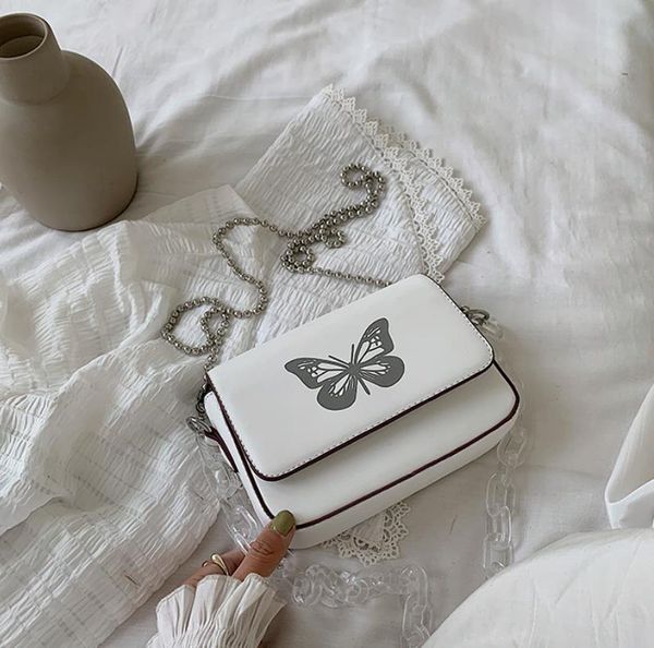 

woman bags 2020 new acrylic transparent thick chain small square bag reflective butterfly single shoulder messenger bag