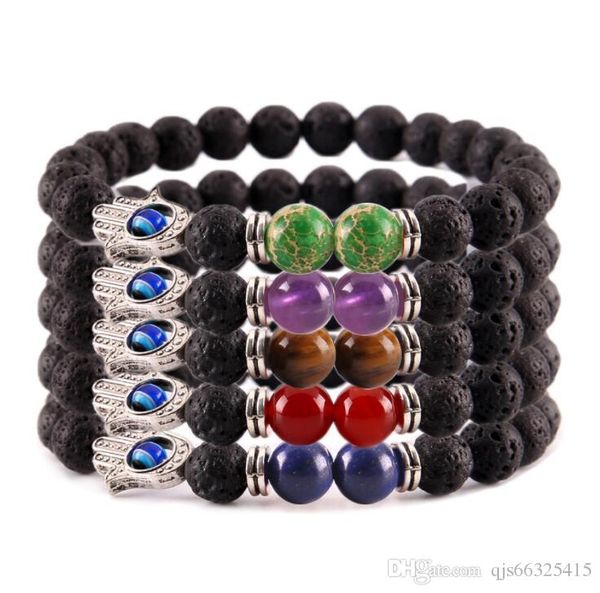 

new 8mm lava energy chakra bracelets jewelry colorful beads bracelets hand of hamsa fatima charm ing, Slivery;golden