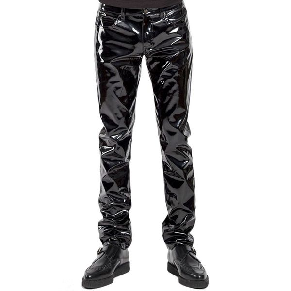 

men's pants wetlook pvc fetish faux leather trousers motorcycle streetwear clubwear latex leggings casual gay pantalones 2xl, Black