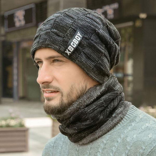 

winter windshield scarf fleece winter warm hat set beanie hat thick elastic outdoor 2 pieces scarf set for men women, Blue;gray