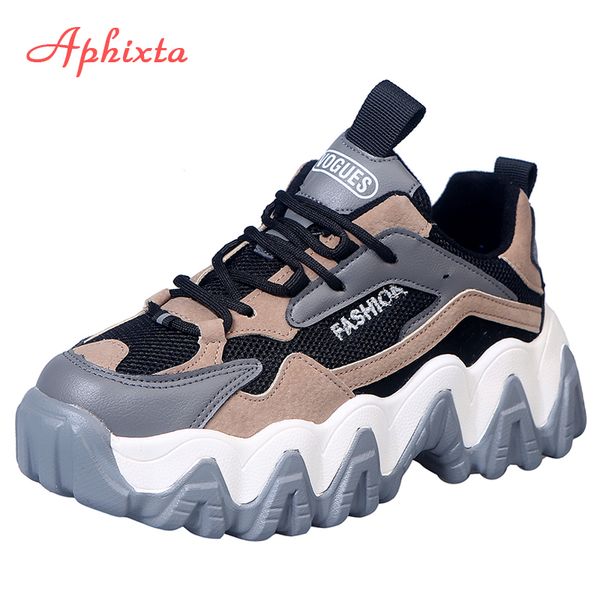 

aphixta platform sneakers womenlace-up fashion letter wave sole dad shoes high chunky thick bottom casual shoes woman, Black
