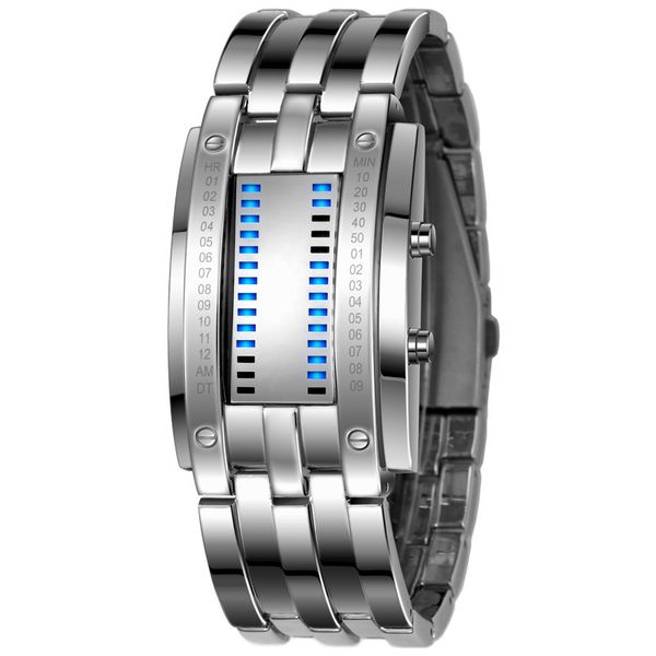 

luxury lovers' wristwatch waterproof men women stainless steel blue binary luminous led electronic display sport watches fashion, Silver