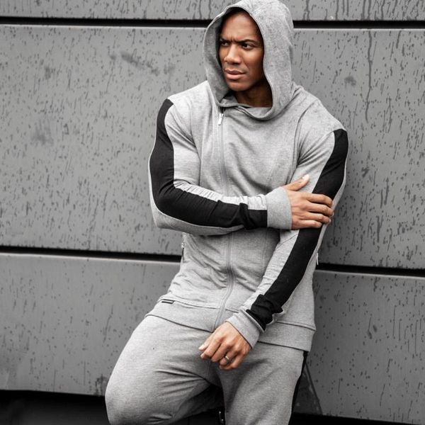 

casual hoodies mens cotton sweatshirt tracksuit gyms fitness workout zipper sportswear male fashion hooded jacket clothes, Black