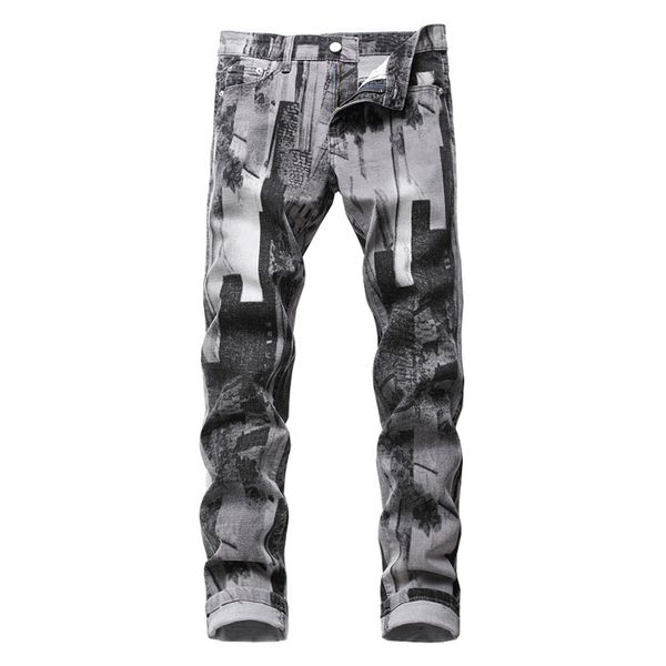 

men's jeans fashion gray pattern printed slim traight stretch denim pants, Blue