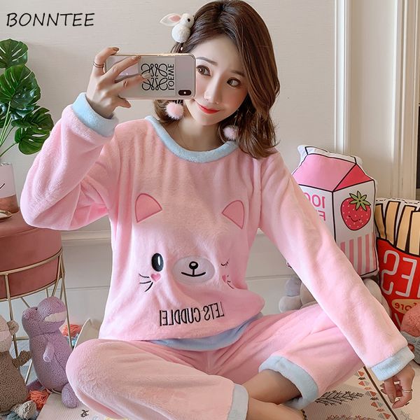 

pajamas for women o-neck plus size homewear sweet womens pajama set korean ladies home clothes flannel comfortable, Black;red