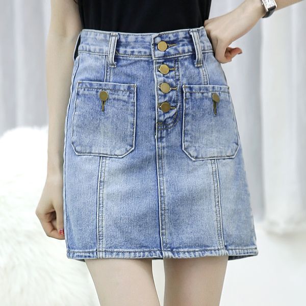 

korean style jeans skirt women's spring summer high waist skirts fashion woman with button denim a line skirt ladies, Black