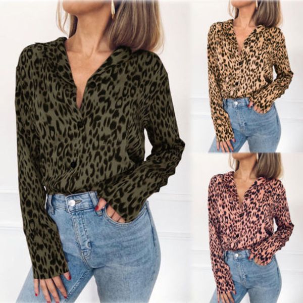 

fashion lady blouse women casual leopard print v neck blouse long sleeve lady loose autumn shirt, White