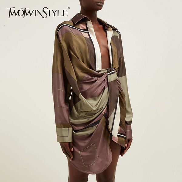 

twotwinstyle print geometric dress for women lapel collar high waist hit color female dresses female 2019 autumn fashion new, Black;gray